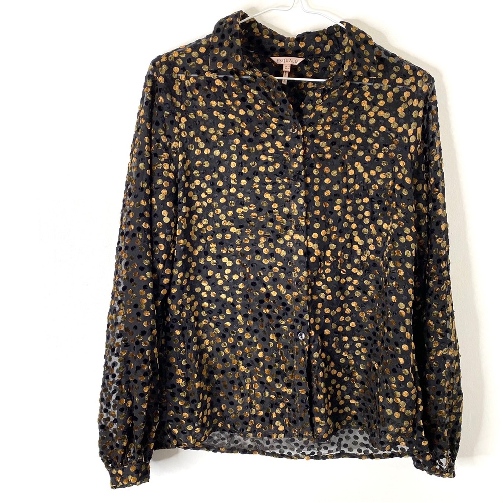 ESQUALO Sheer Black Velvet Dot Blouse Puff Sleeve Button Front